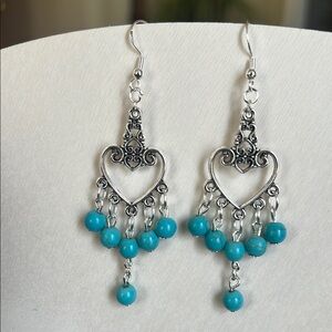 Silver Tone Turquoise Color Beads Heart Dangle Earrings